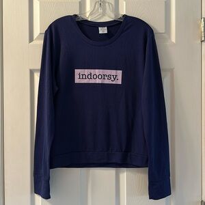 Hello Mello (L) blue top with “indoorsy.” on front.